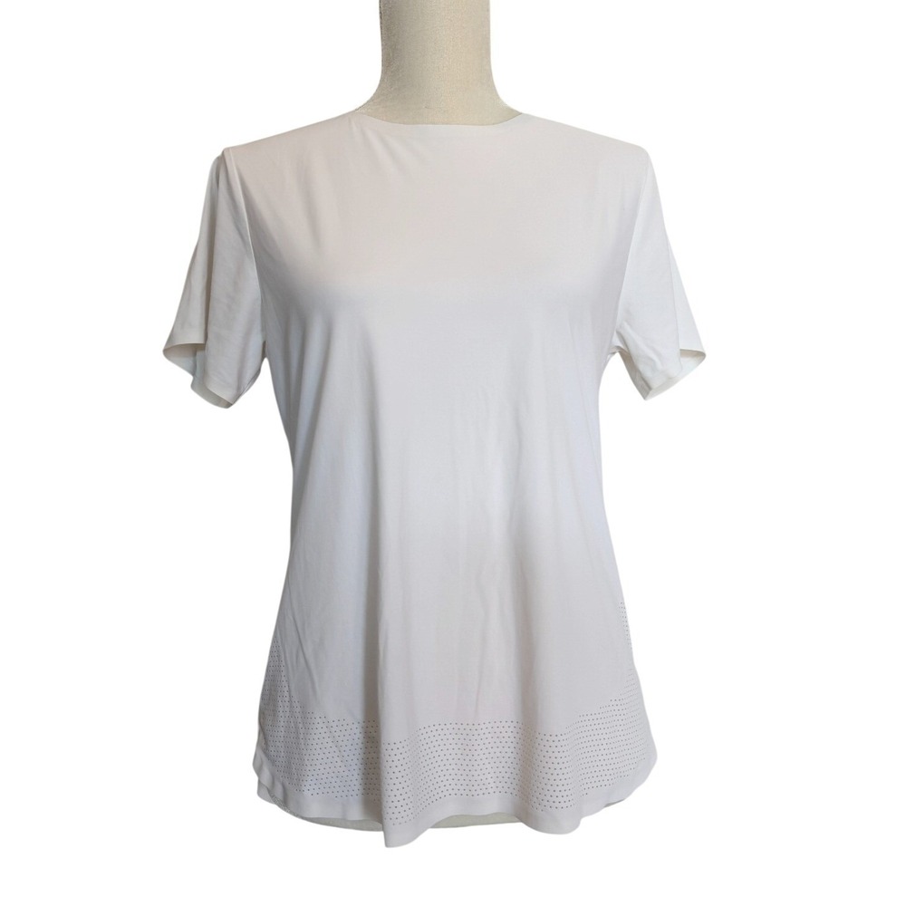 Aday Womens M White Crew Neck Minimalist Performance Stretch Made It T-Shirt